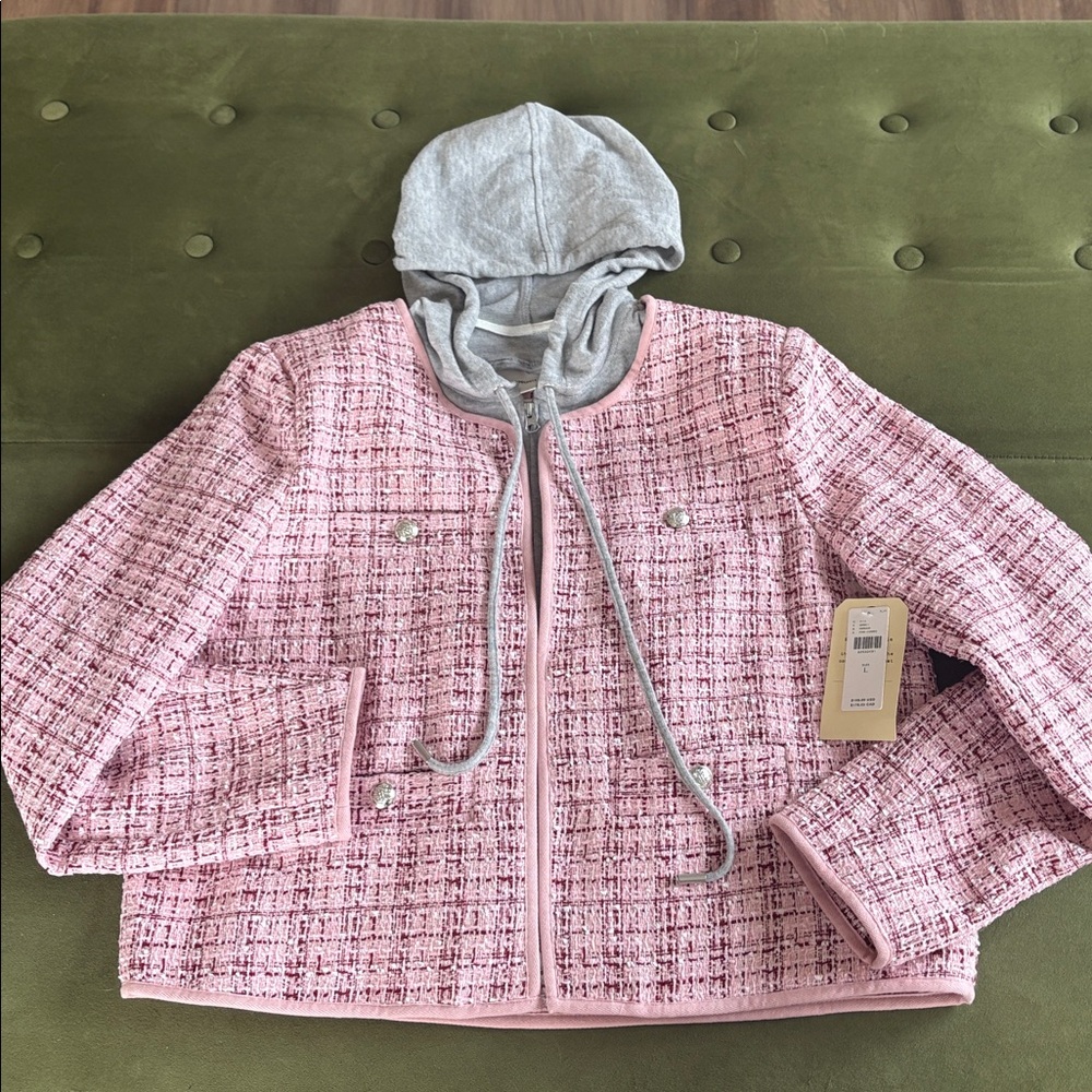 Anthropologie Pink Tweed Bomber Jacket with Gray Hood